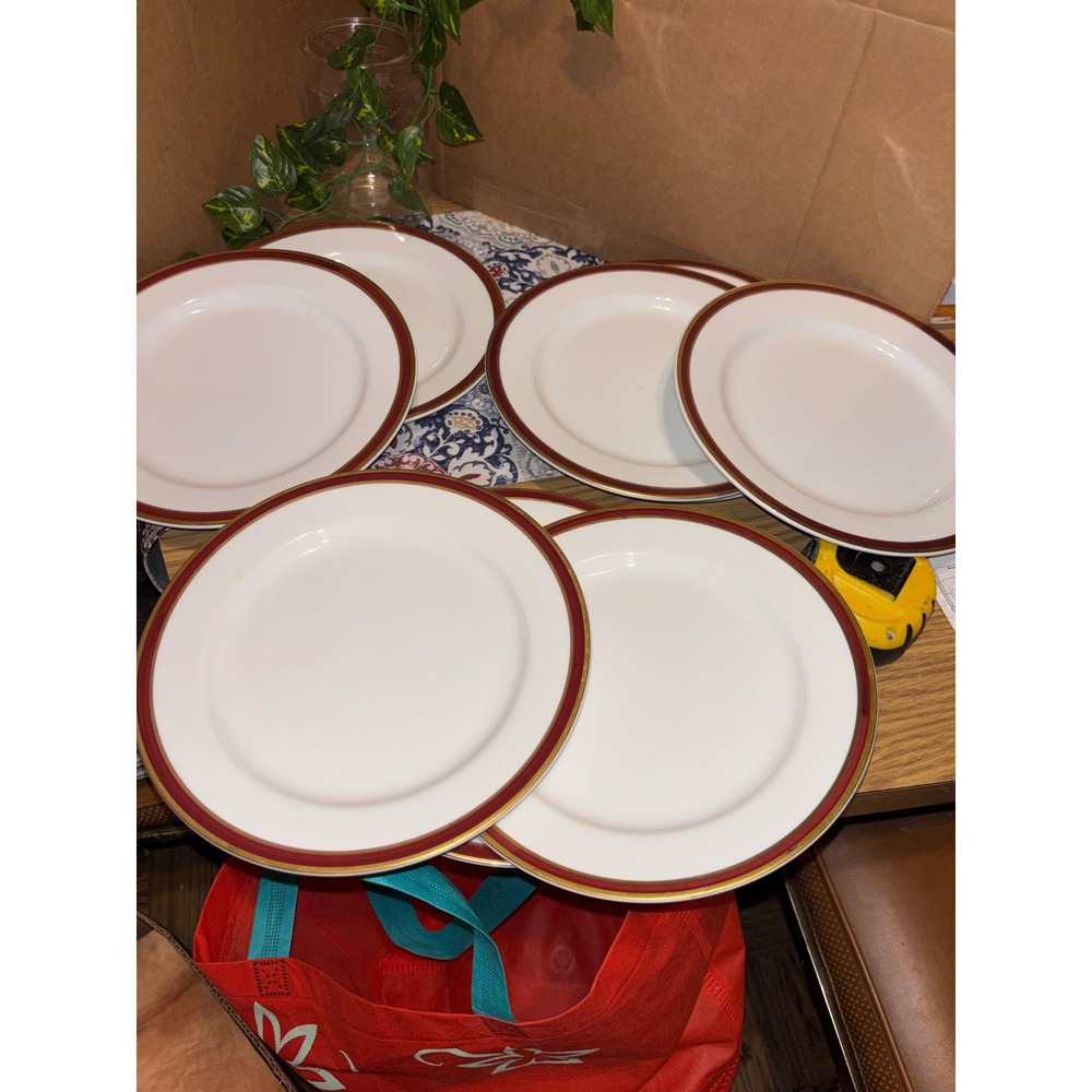 Homer Laughlin Pristine Dinner Plates Set of 6 Burgundy Red Gold Rim White USA